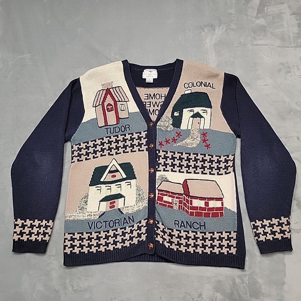 Christopher & Banks Sweater Womens L Blue Cardigan Home Sweet Home House Novelty